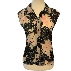 TOBI FLORAL & POLKA-DOT PRINT/ PLEATED/ BUTTON UP SLEEVELESS BLOUSE